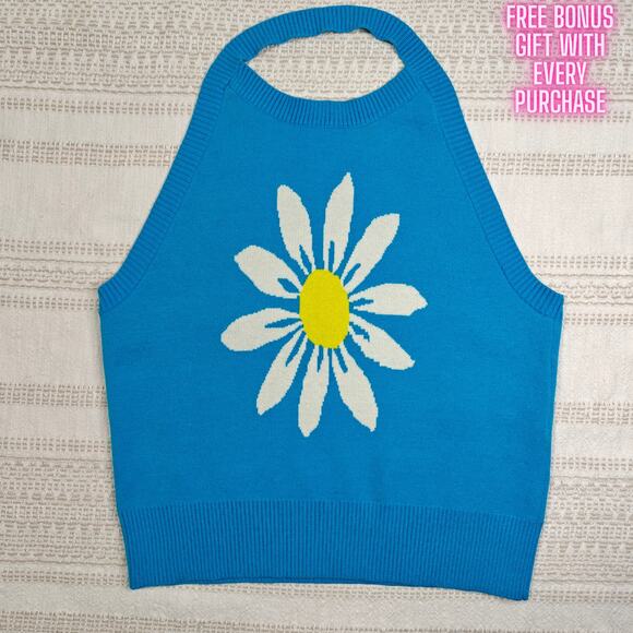 MM by My Michelle Blue Daisy Sweater Tank Top XL Knit Retro Y2K Style NEW Cute - Picture 1 of 6